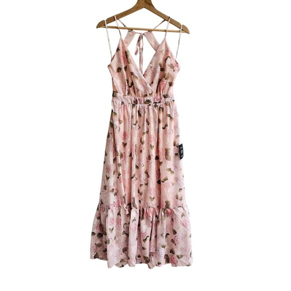 Lulus Pink Floral Ruffled Dress With V-neck and Halter Style Neckline, Size XS - Picture 1 of 15